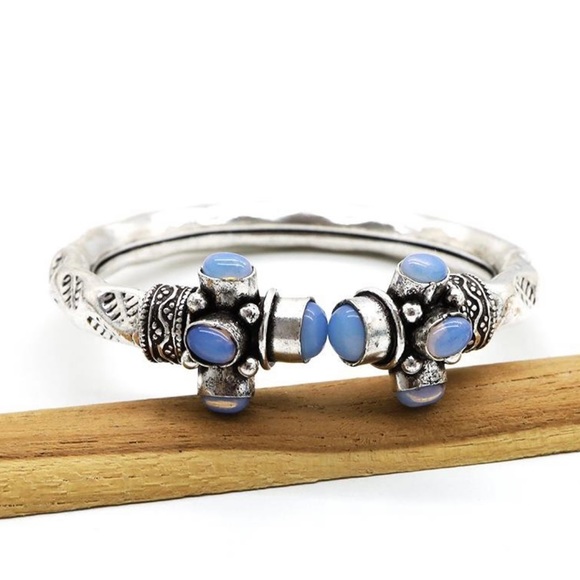 Silver Plated Bracelet Bangle with Genuine Opal - Picture 2 of 5